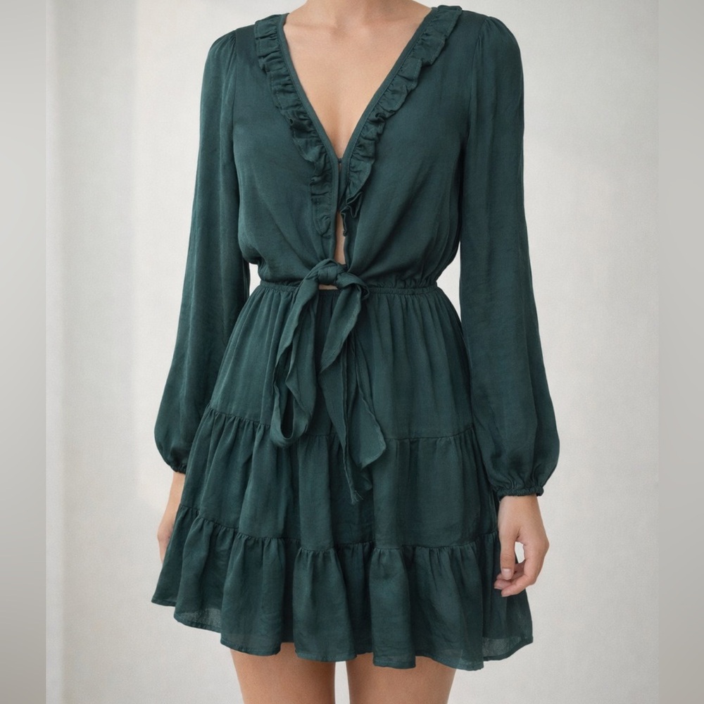 Princess Polly Emerald Green Ruffle Tie Front Mini Dress Boho Cottagecore US 0